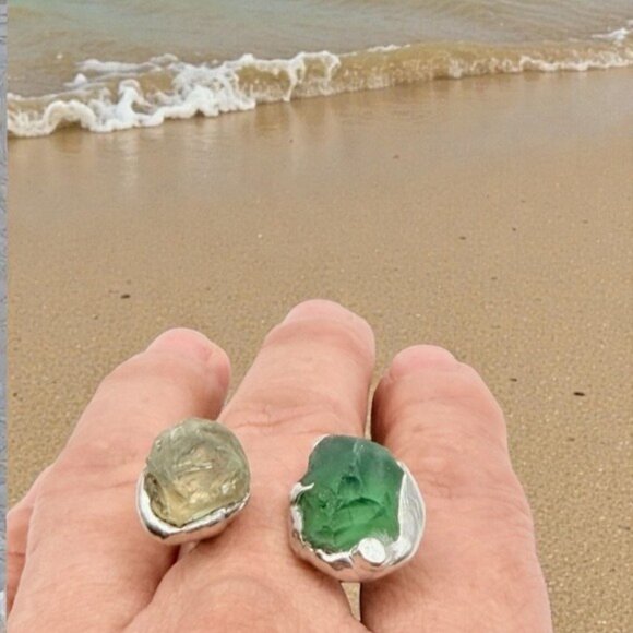 Sea Glass Balance Ring With Upcycled Silver Spoon Band Artisan Crafted Adjust. - Picture 7 of 14